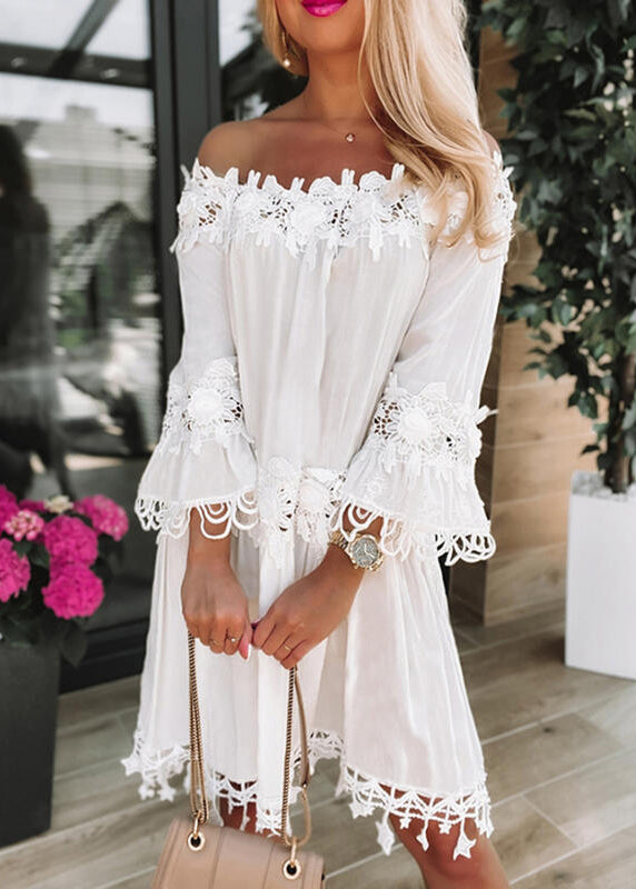 Robe Dentelle Épaules Dénudées à Manches Évasées