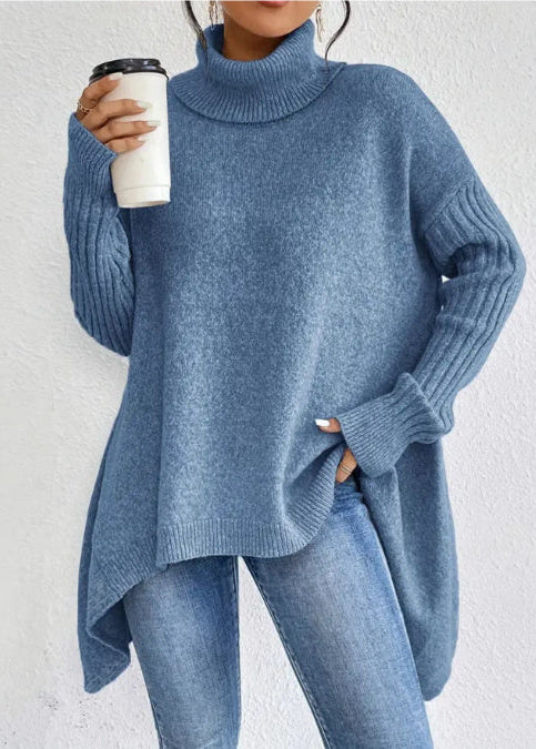 Pull Tricot Manches Longues Encolure Roulée Design Irrégulier - Femme