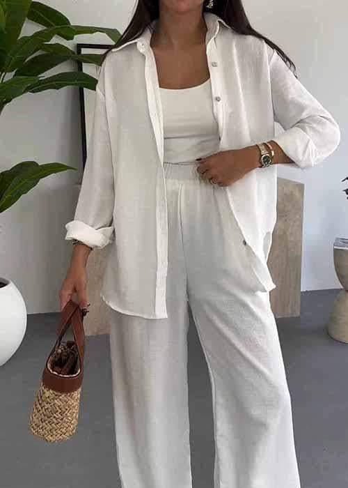 Ensemble Trois Pièces Chemise Longue, Top & Pantalon Large — Style Bohème Chic