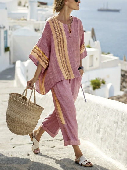 Ensemble Été  Catherine – T-Shirt Batwing à Rayures & Pantalon Droit Feroval