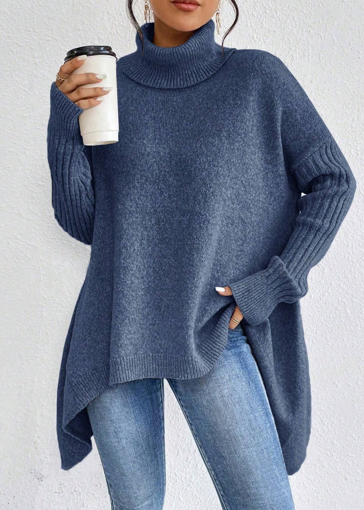 Pull Tricot Manches Longues Encolure Roulée Design Irrégulier - Femme