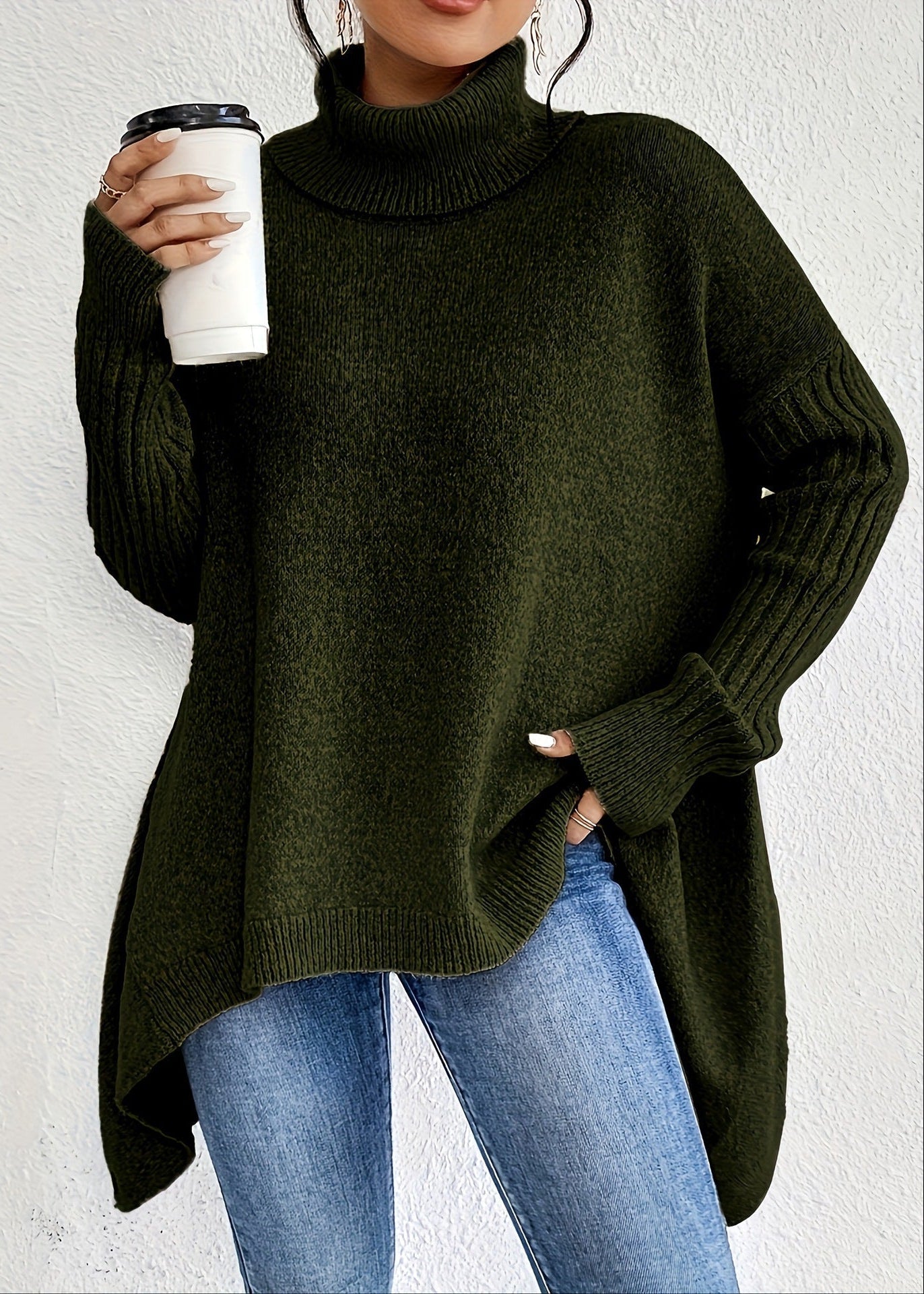 Pull Tricot Manches Longues Encolure Roulée Design Irrégulier - Femme