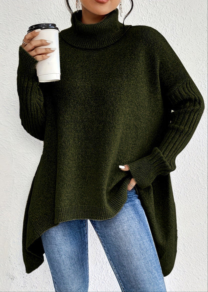 Pull Tricot Manches Longues Encolure Roulée Design Irrégulier - Femme