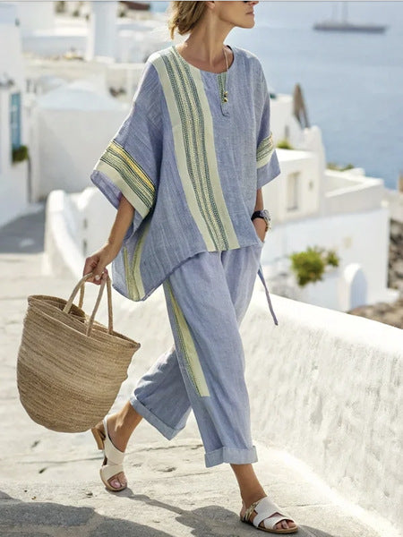 Ensemble Catherine – T-Shirt Batwing à Rayures & Pantalon Droit