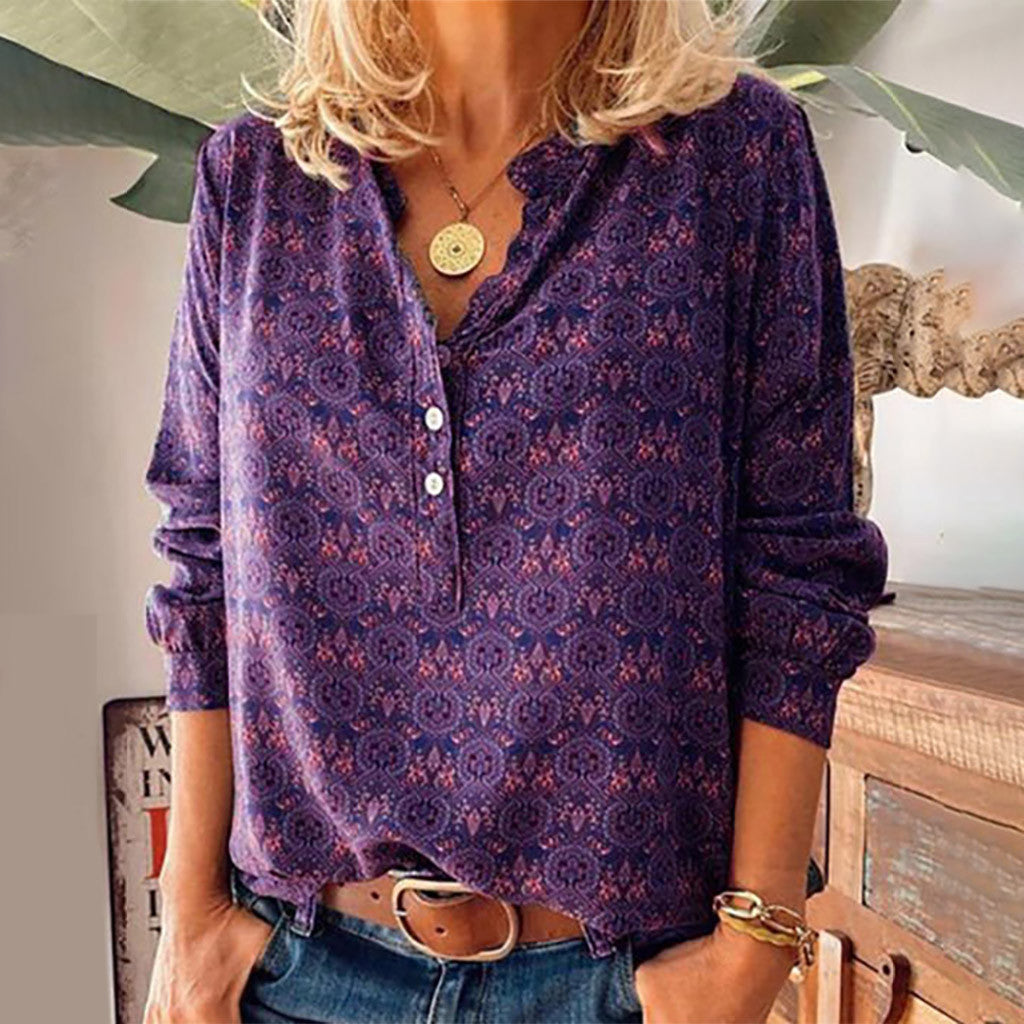 Blouse Ample à Col Montant à Imprimé Rétro Feroval