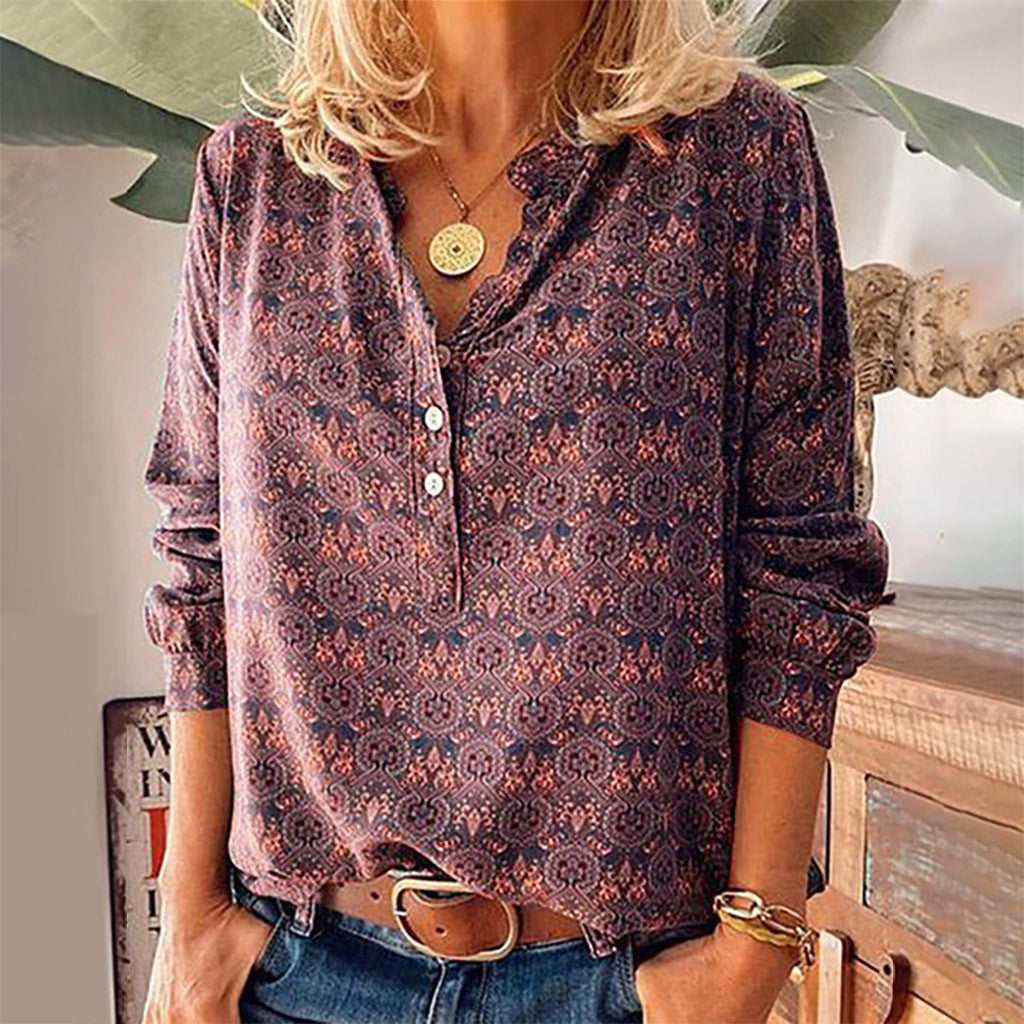 Blouse Ample à Col Montant à Imprimé Rétro Feroval