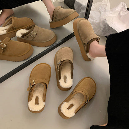 Chaussons mi-bas en fourrure à semelle épaisse et bride ajustable