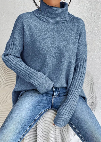 Pull Tricot Manches Longues Encolure Roulée Design Irrégulier - Femme