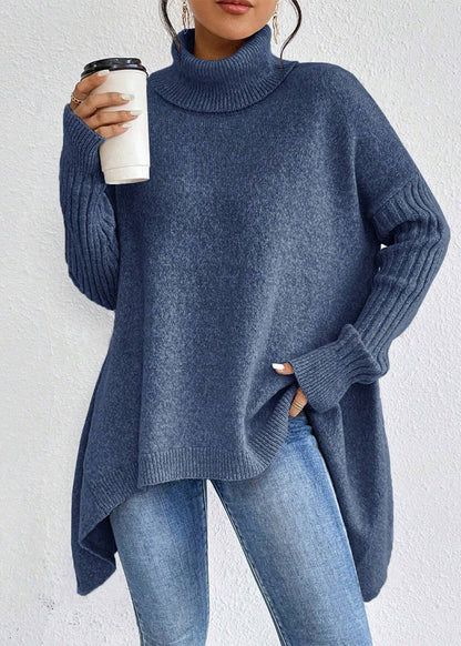 Pull Tricot Manches Longues Encolure Roulée Design Irrégulier - Femme