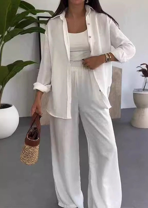 Ensemble Trois Pièces Chemise Longue, Top & Pantalon Large — Style Bohème Chic