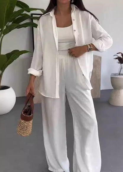 Ensemble Trois Pièces Chemise Longue, Top & Pantalon Large — Style Bohème Chic