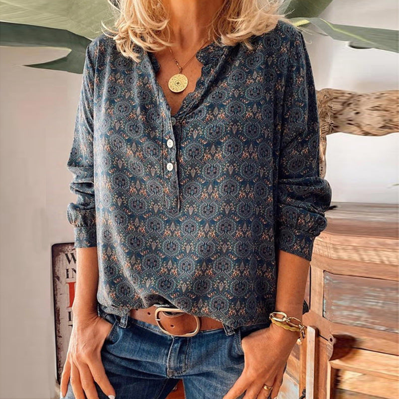 Blouse Ample à Col Montant à Imprimé Rétro Feroval