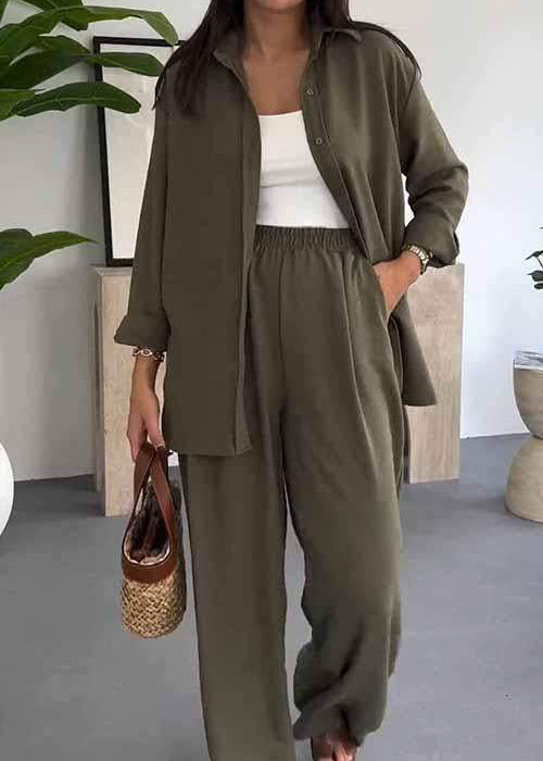 Ensemble Trois Pièces Chemise Longue, Top & Pantalon Large — Style Bohème Chic