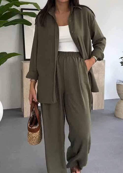 Ensemble Trois Pièces Chemise Longue, Top & Pantalon Large — Style Bohème Chic