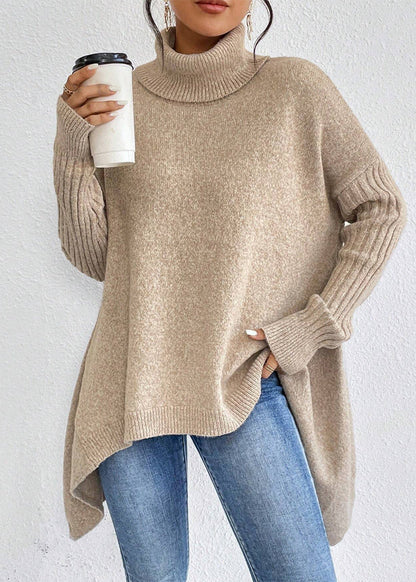Pull Tricot Manches Longues Encolure Roulée Design Irrégulier - Femme
