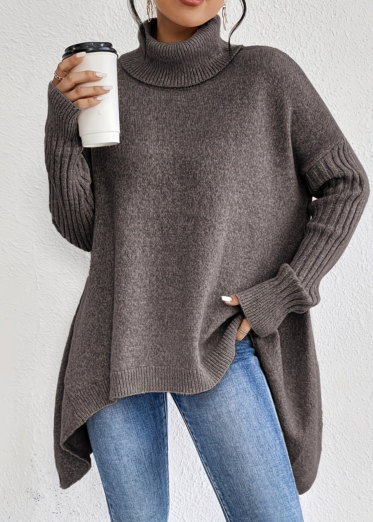 Pull Tricot Manches Longues Encolure Roulée Design Irrégulier - Femme