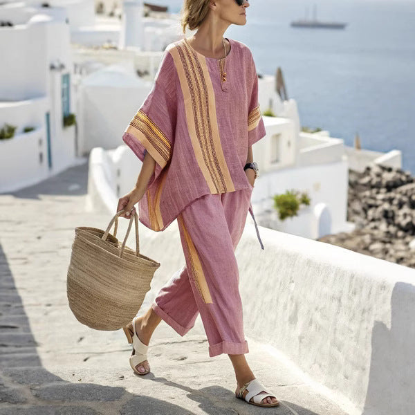 Ensemble Catherine – T-Shirt Batwing à Rayures & Pantalon Droit