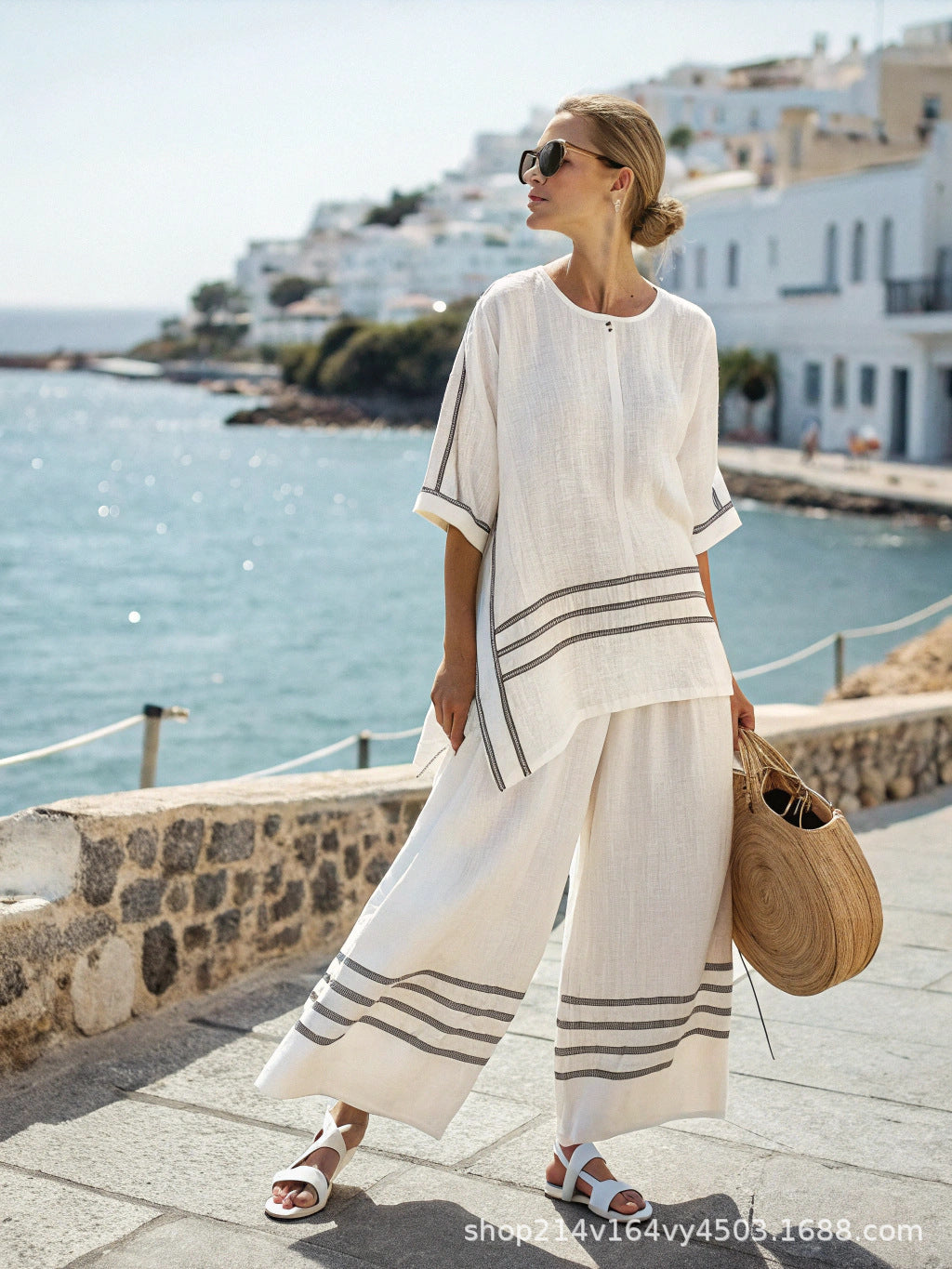 Ensemble Été  Catherine – T-Shirt Batwing à Rayures & Pantalon Droit Feroval