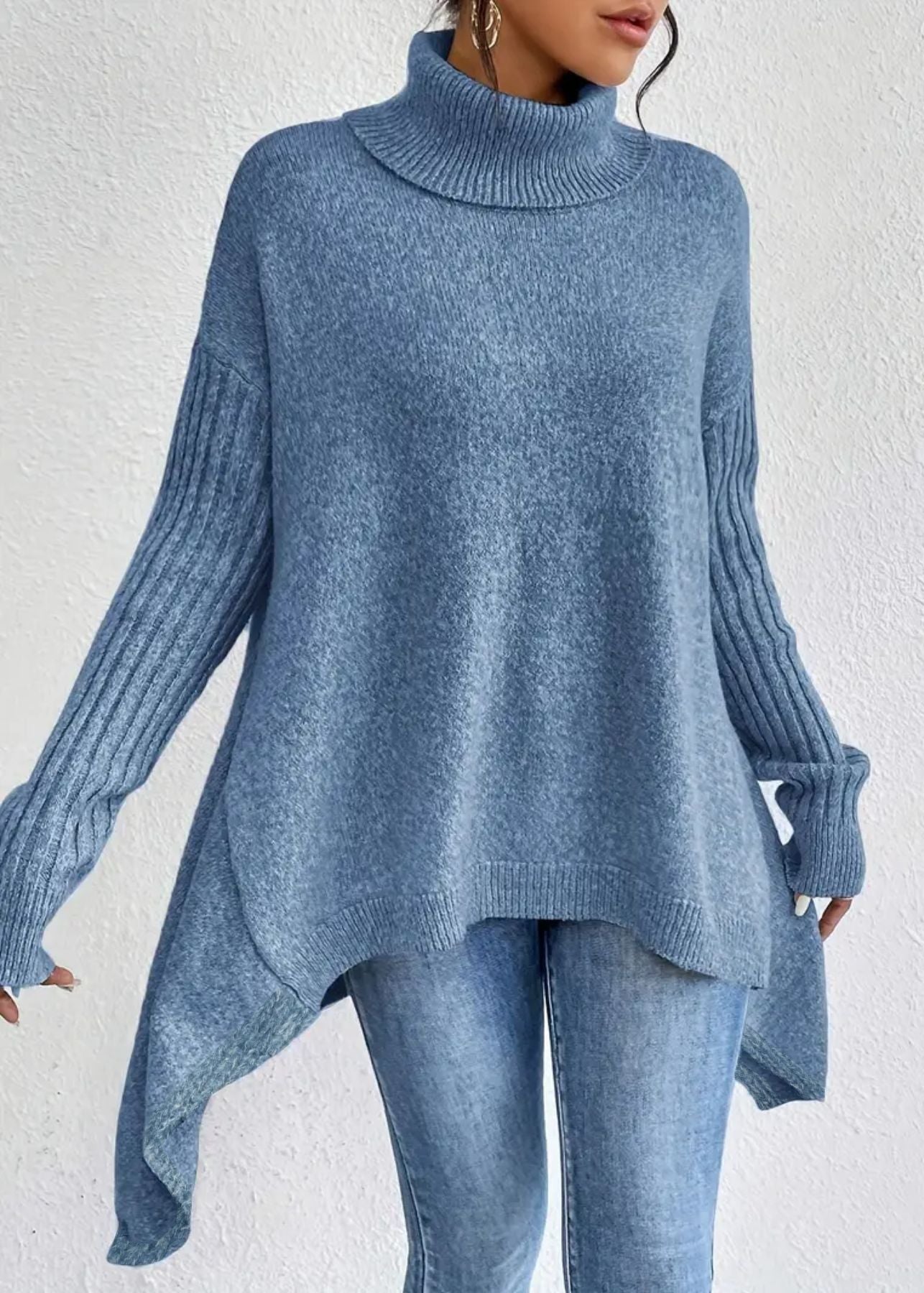 Pull Tricot Manches Longues Encolure Roulée Design Irrégulier - Femme