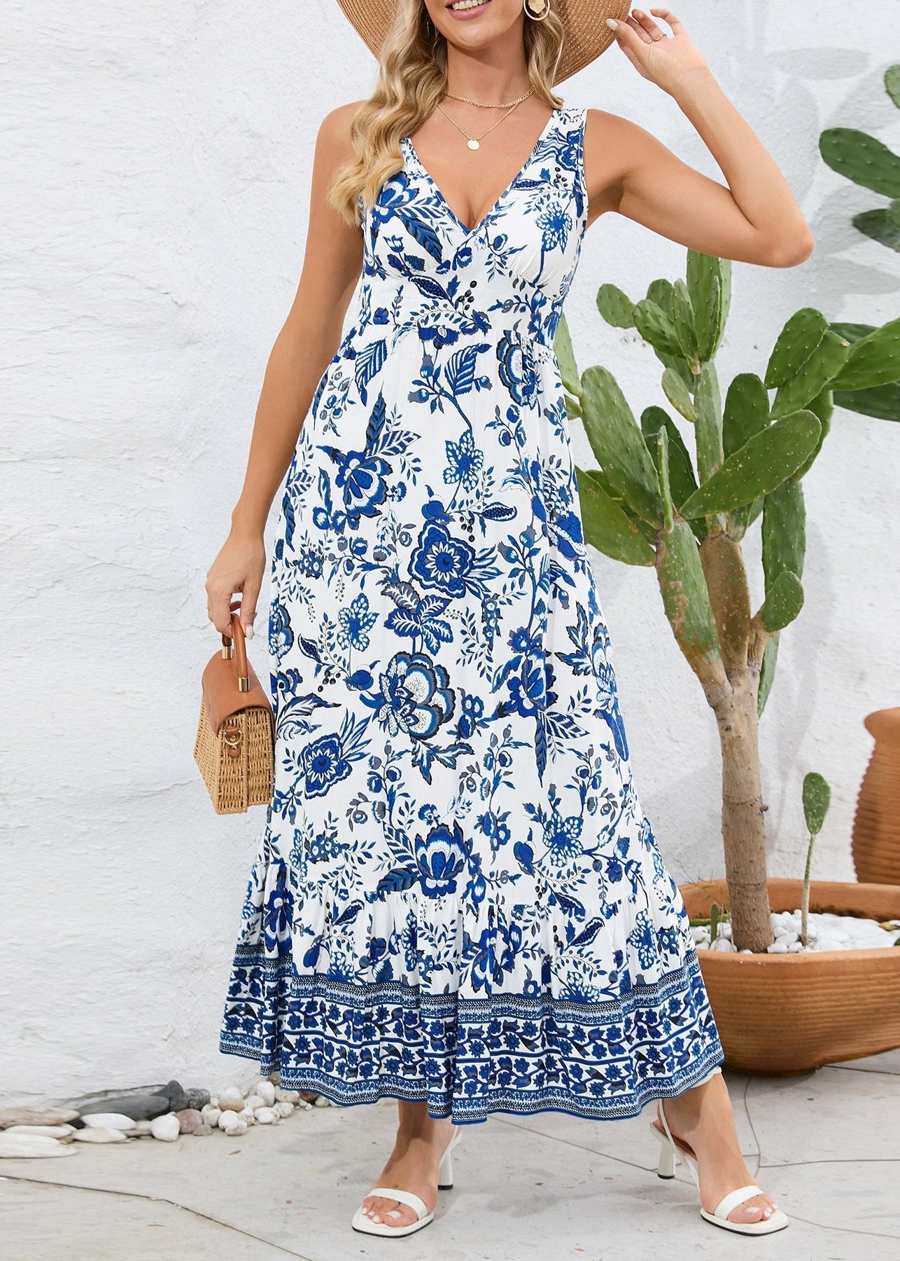 Robe d'été longue à col en V et imprimé floral