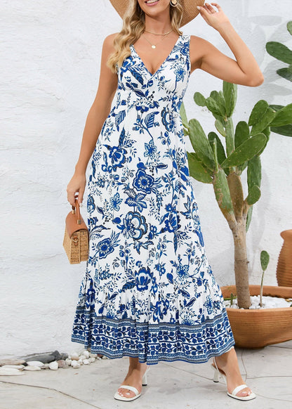 Robe d'été longue à col en V et imprimé floral