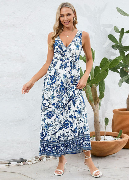Robe d'été longue à col en V et imprimé floral
