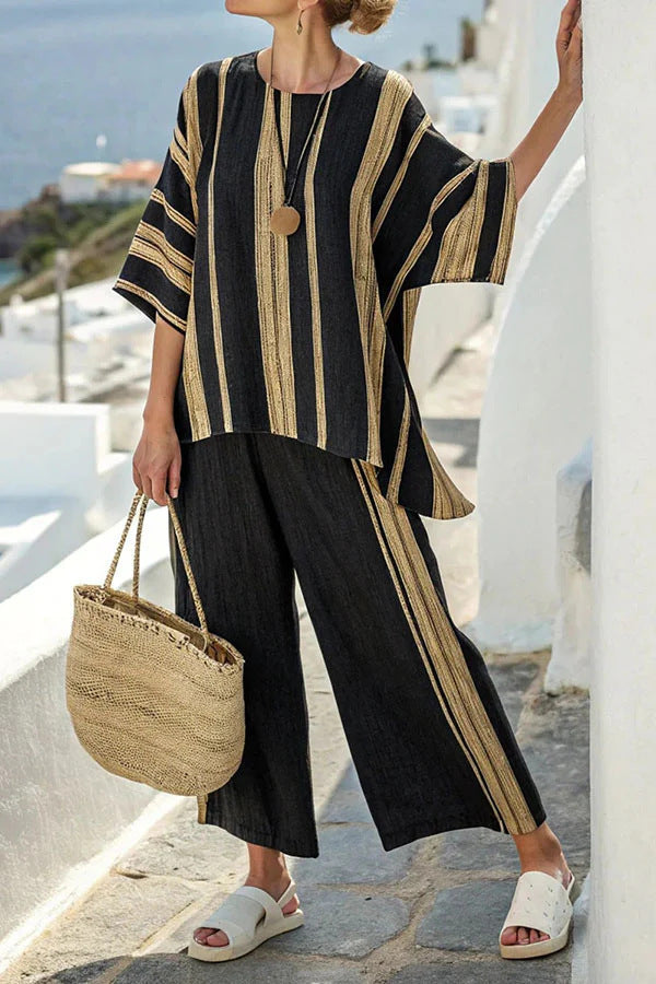 Ensemble Été  Catherine – T-Shirt Batwing à Rayures & Pantalon Droit Feroval