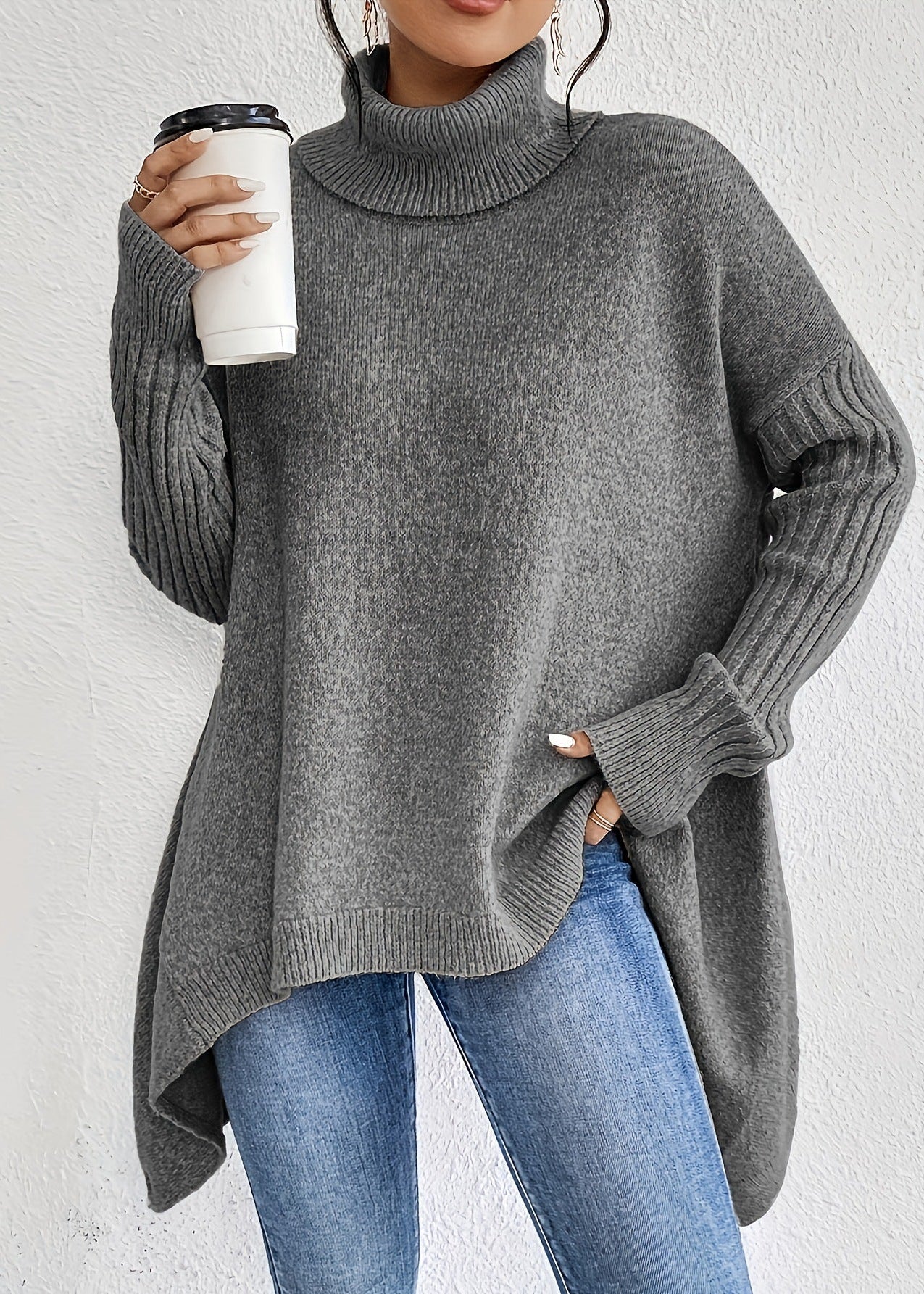 Pull Tricot Manches Longues Encolure Roulée Design Irrégulier - Femme