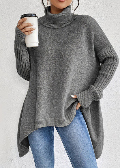 Pull Tricot Manches Longues Encolure Roulée Design Irrégulier - Femme