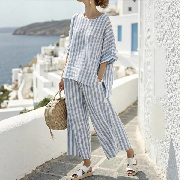 Ensemble Catherine – T-Shirt Batwing à Rayures & Pantalon Droit