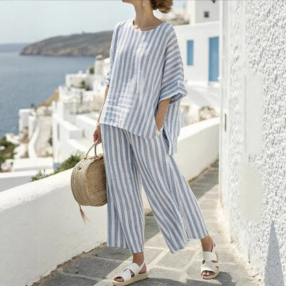 Ensemble Catherine – T-Shirt Batwing à Rayures & Pantalon Droit