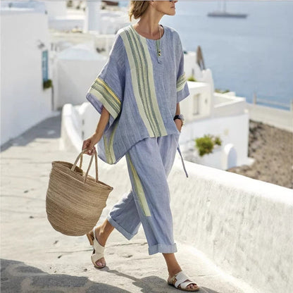 Ensemble Catherine – T-Shirt Batwing à Rayures & Pantalon Droit
