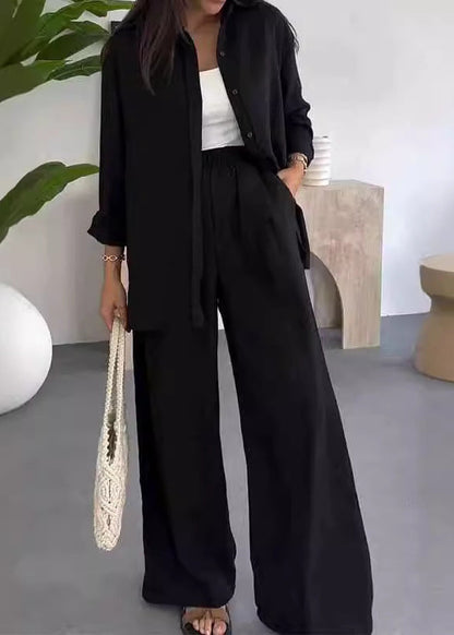 Ensemble Trois Pièces Chemise Longue, Top & Pantalon Large — Style Bohème Chic