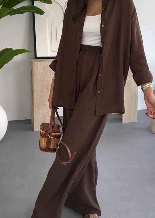 Ensemble Trois Pièces Chemise Longue, Top & Pantalon Large — Style Bohème Chic