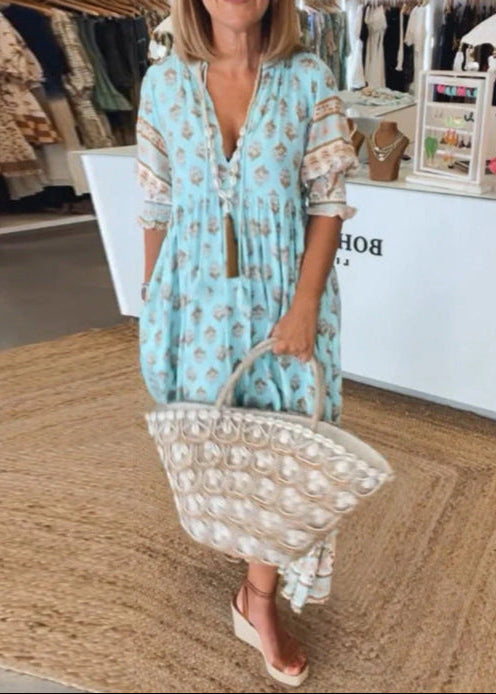 Robe Bohème Imprimée à Manches Lanterne – Col en V