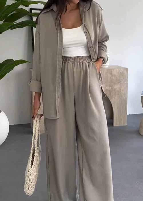 Ensemble Trois Pièces Chemise Longue, Top & Pantalon Large — Style Bohème Chic