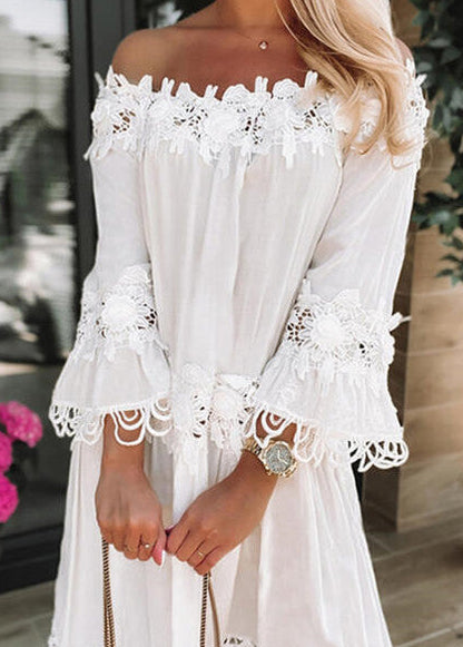 Robe Dentelle Épaules Dénudées à Manches Évasées
