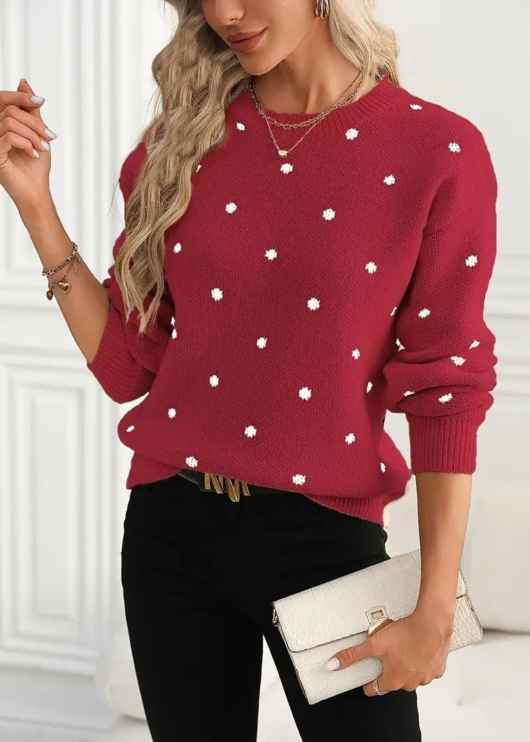 Pull à pois jacquard - Col rond, manches longues