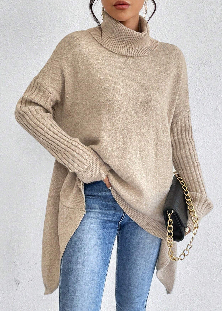 Pull Tricot Manches Longues Encolure Roulée Design Irrégulier - Femme