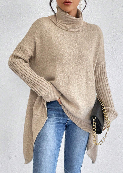 Pull Tricot Manches Longues Encolure Roulée Design Irrégulier - Femme