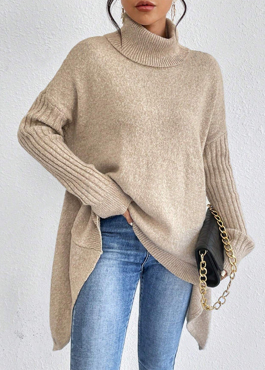 Pull Tricot Manches Longues Encolure Roulée Design Irrégulier - Femme