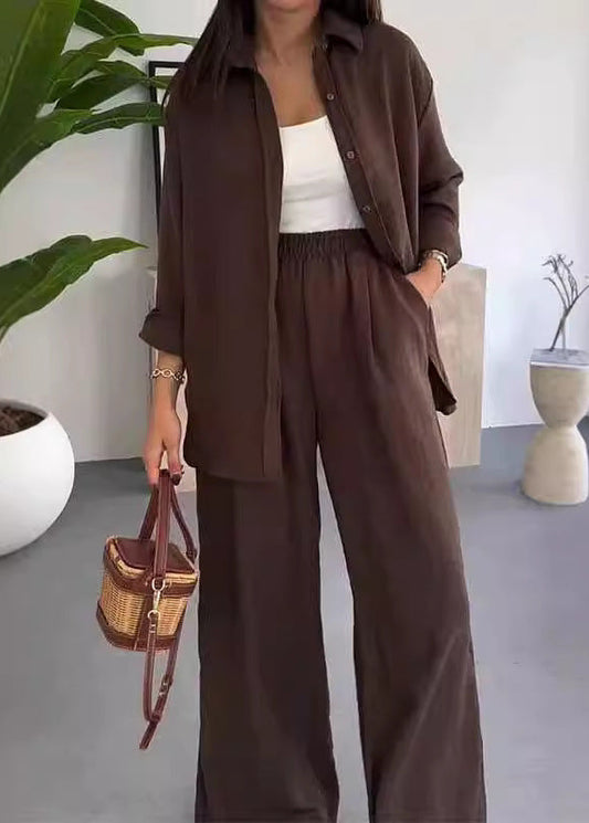 Ensemble Trois Pièces Chemise Longue, Top & Pantalon Large — Style Bohème Chic