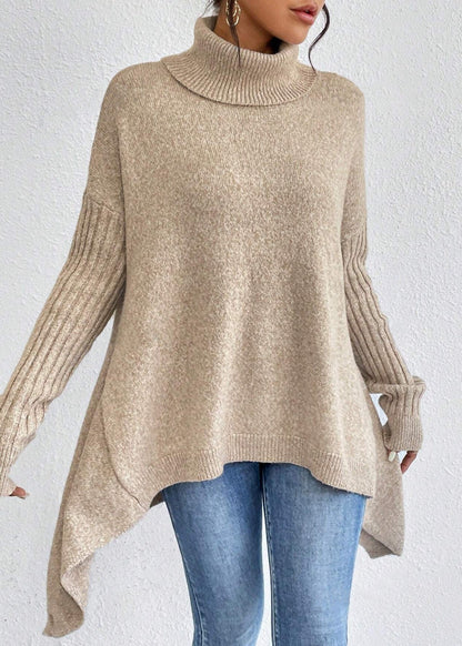 Pull Tricot Manches Longues Encolure Roulée Design Irrégulier - Femme
